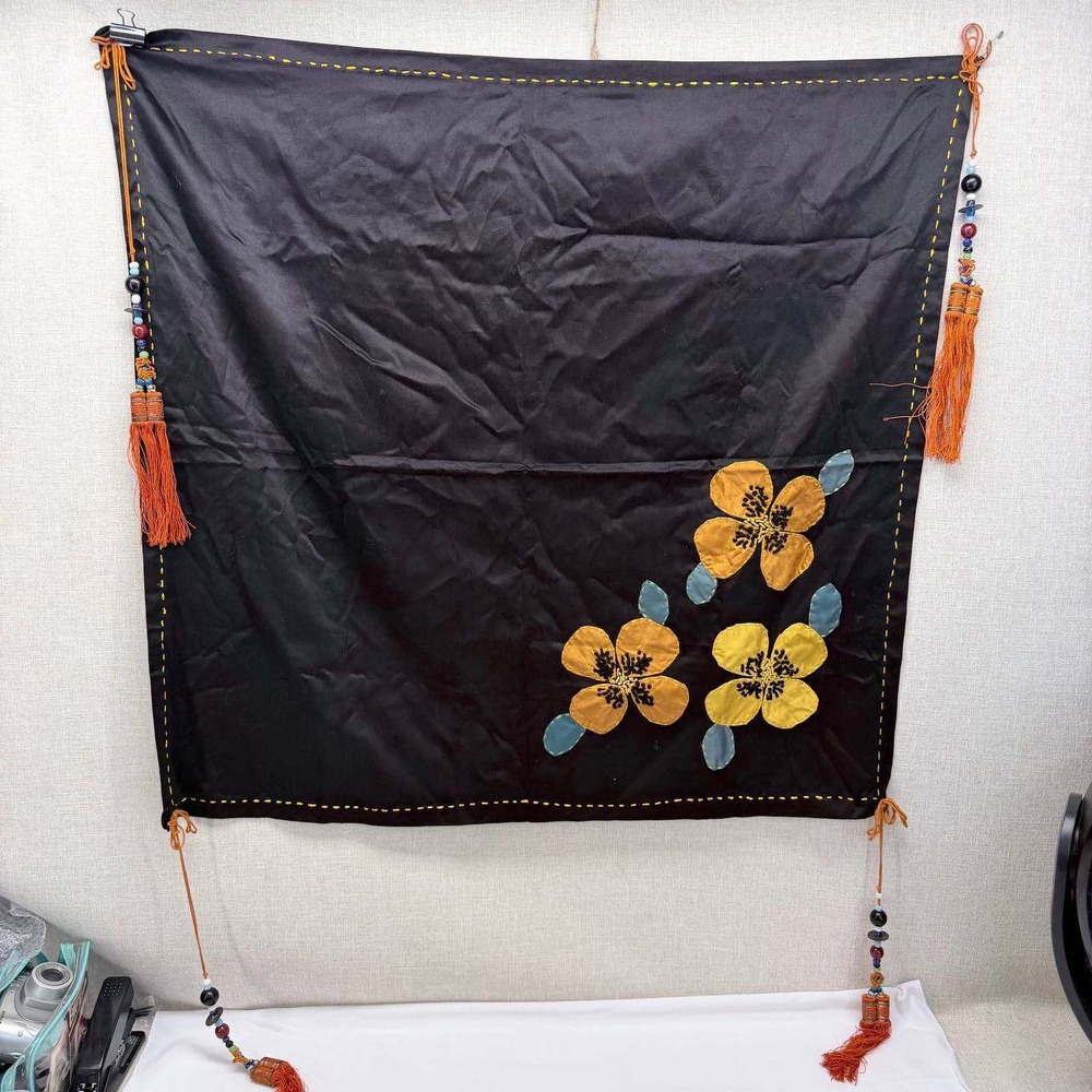 Vintage Hand Embroidered Floral Wall Hanging Black Silk Tasseled Beaded 32x32